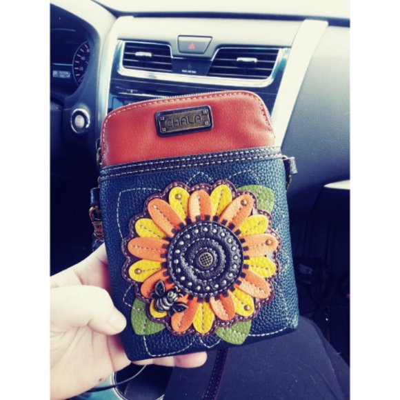 Women Navy Sunflower Canvas Multicolor Cell Phone Purse with Adjustable Strap - Picture 9 of 10